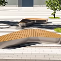 Modern Curved Landscape Seats with Wooden Surface and Metal Frame in Urban Square with Trees