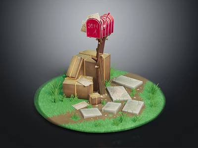 Red Mailbox Number 201 On Wooden Post With Cardboard Boxes Stone Slabs And Grass 3d model