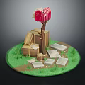 Red Mailbox Number 201 On Wooden Post With Cardboard Boxes Stone Slabs And Grass
