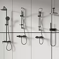 Modern Black Shower Systems With Rainfall Showerhead Handheld And Control Valves On White Wall