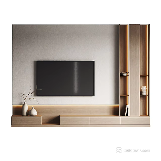 Modern Minimalist TV Background Wall With Black TV Wooden Stand And Side Display Cabinet 3d model 