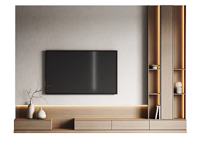 Modern Minimalist TV Background Wall With Black TV Wooden Stand And Side Display Cabinet 3d model