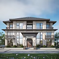 Two Story Single Family House With Large Windows Gray Roof Front Lawn And Surrounding Trees