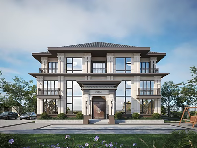 Two Story Single Family House With Large Windows Gray Roof Front Lawn And Surrounding Trees 3d model