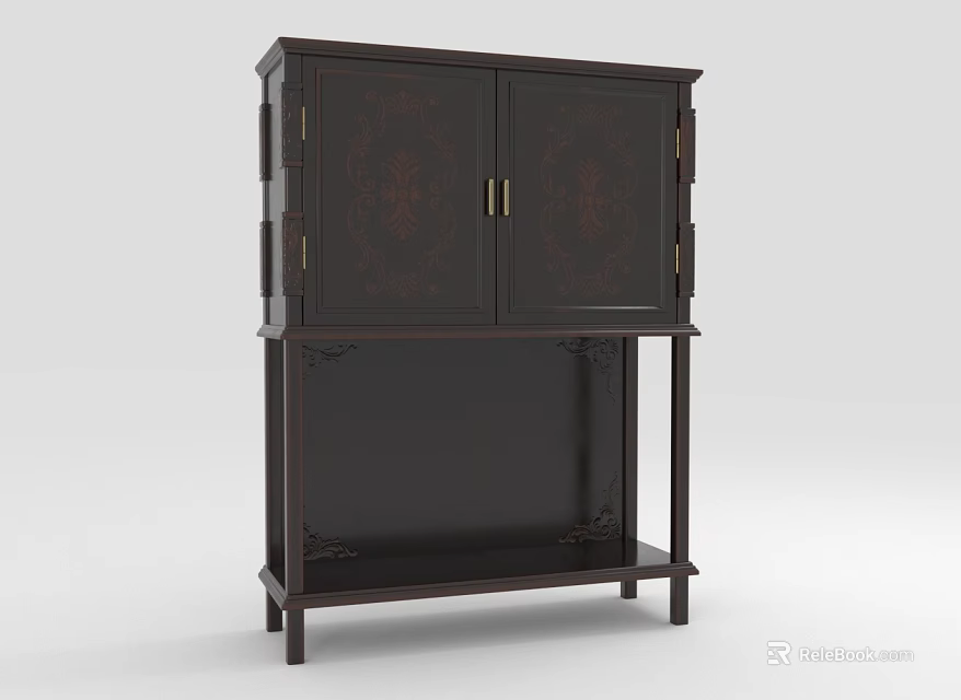 Traditional Dark Wooden Cabinet With Carved Patterns And Open Lower Shelf 3d model 