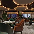 Rooftop Bar With City Skyline Night View String Lights Outdoor Seating And Plants