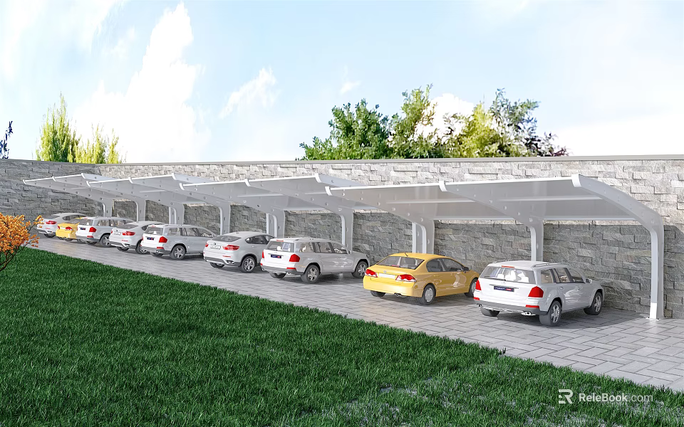 Covered Parking Lot With Parked Cars Green Grass Trees And Stone Wall 3d model 