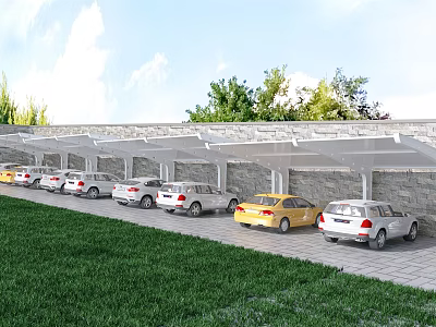 Covered Parking Lot With Parked Cars Green Grass Trees And Stone Wall 3d model