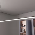 Modern Long Linear Pendant Light Hanging In Minimalist Interior With Grey Shelves And Decorative Items