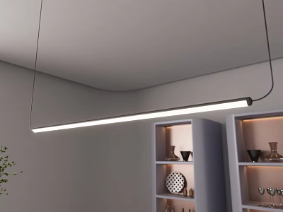 Modern Long Linear Pendant Light Hanging In Minimalist Interior With Grey Shelves And Decorative Items 3d model
