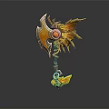 Mythical Dragon Axe With Glowing Orb And Yellow Orange Decorative Blades