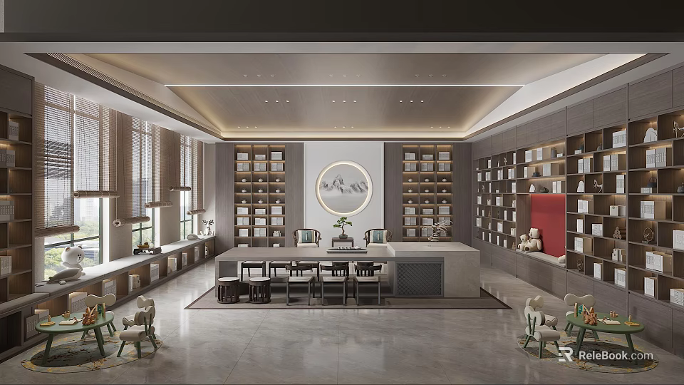Modern Book Art Interior Design with Tall Bookshelves and Circular Wall Art 3d model 