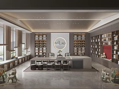 Modern Book Art Interior Design with Tall Bookshelves and Circular Wall Art 3d model