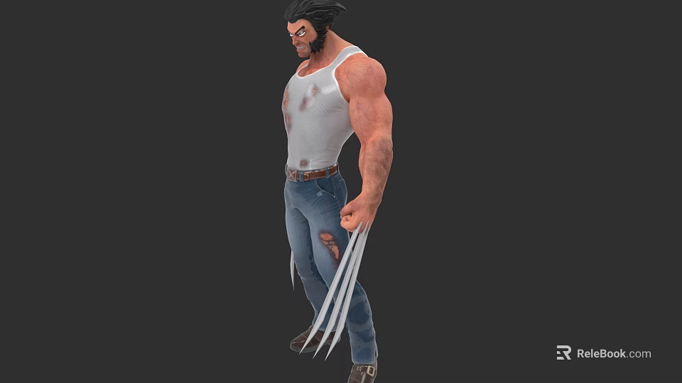 Muscular Game and Movie Character in White Tank Top Blue Jeans with Metal Claws 3d model 