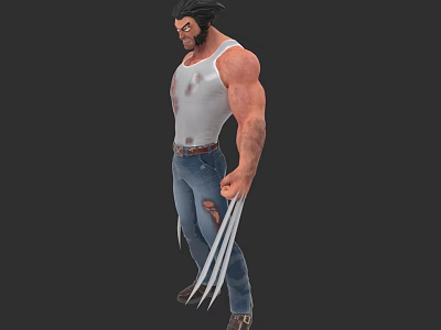 Muscular Game and Movie Character in White Tank Top Blue Jeans with Metal Claws 3d model