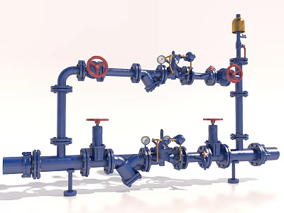 Industrial Pipe System With Blue Pipes Red Valves And Pressure Gauges 3d model