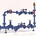 Industrial Pipe System With Blue Pipes Red Valves And Pressure Gauges 3d model