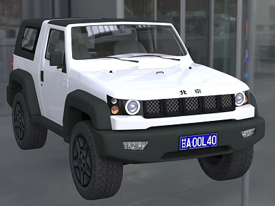 White Off Road Two Door Vehicle With Black Grille Roof And Large Tires 3d model