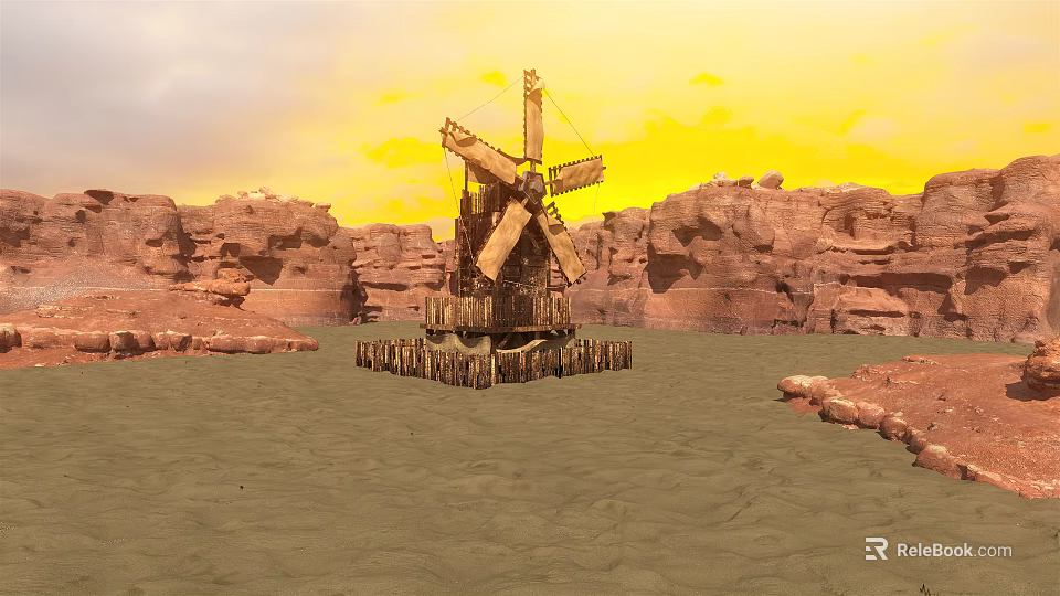 Wooden Windmill Structure In Desert With Rocky Terrain And Yellow Sky 3d model 