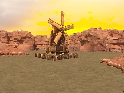 Wooden Windmill Structure In Desert With Rocky Terrain And Yellow Sky 3d model