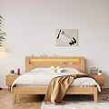 Modern Wooden Double Bed With LED Headboard White Sheets Brown Blanket Nightstand Decorative Painting