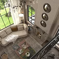 Elegant Living and Dining Room Interior with Arched Windows Crystal Chandelier Fireplace and Green Plants