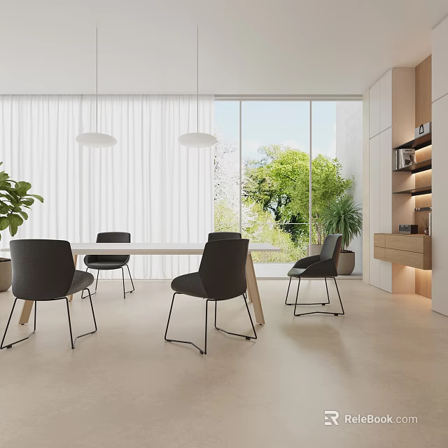 Modern Office Interior Design With Desk Chairs Large Windows Green Plants And Bookshelf 3d model 