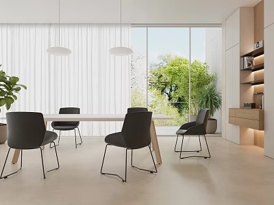 Modern Office Interior Design With Desk Chairs Large Windows Green Plants And Bookshelf 3d model