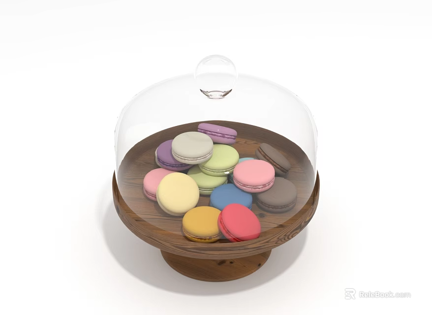 Assorted Colorful Macarons Displayed Under Glass Dome On Wooden Tray 3d model 
