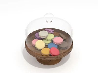 Assorted Colorful Macarons Displayed Under Glass Dome On Wooden Tray 3d model