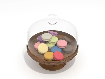 Assorted Colorful Macarons Displayed Under Glass Dome On Wooden Tray 3d model Assorted Colorful Macarons Displayed Under Glass Dome On Wooden Tray 3d model