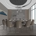 Elegant Private Dining Room With Round Table Beige Chairs Chandeliers And Large Windows 3d model