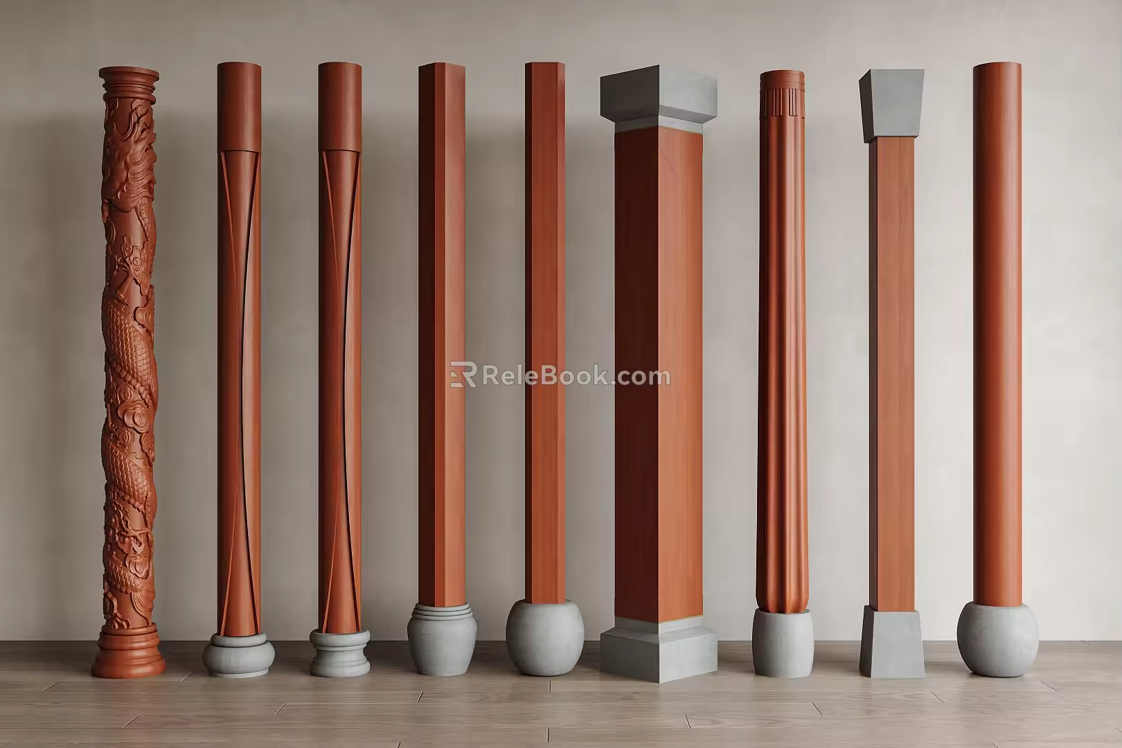 New Chinese style column pile column foundation stone column log column head column pier pan dragon column 3d model