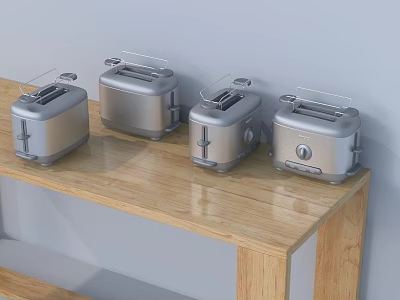 Four Silver Toasters On Wooden Shelf For Modern Kitchen Appliances 3d model