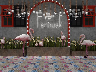 Garden Ornament Display With Pink Flamingos Yellow Flowers Decorative Arch String Lights And Colorful Patterned Floor 3d model