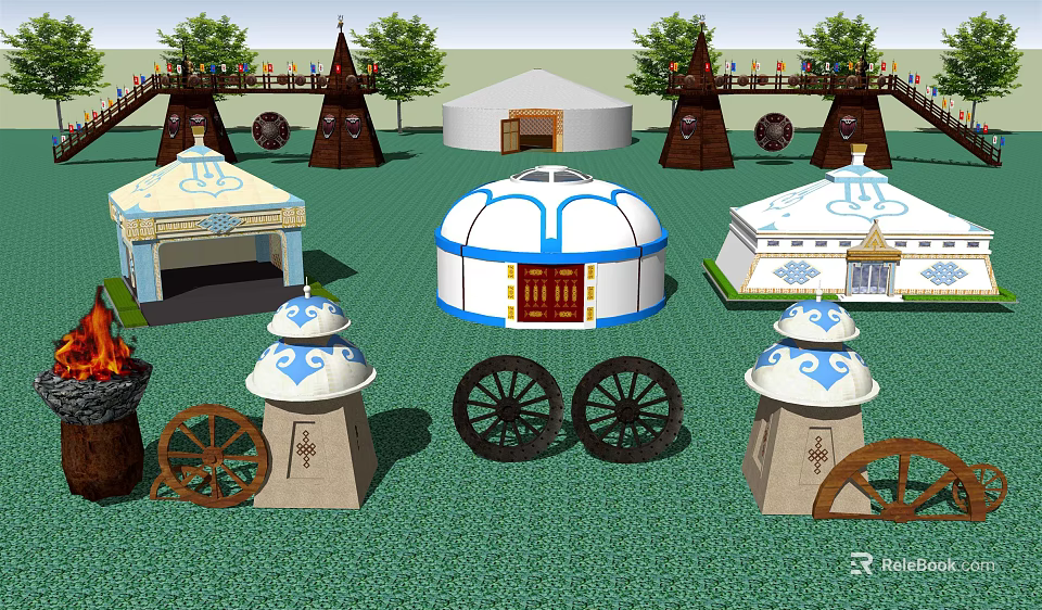 Traditional Yurts And Conical Structures With Decorative Wheels On Green Grass Field 3d model 