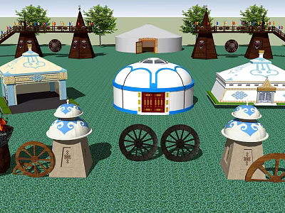 Traditional Yurts And Conical Structures With Decorative Wheels On Green Grass Field 3d model