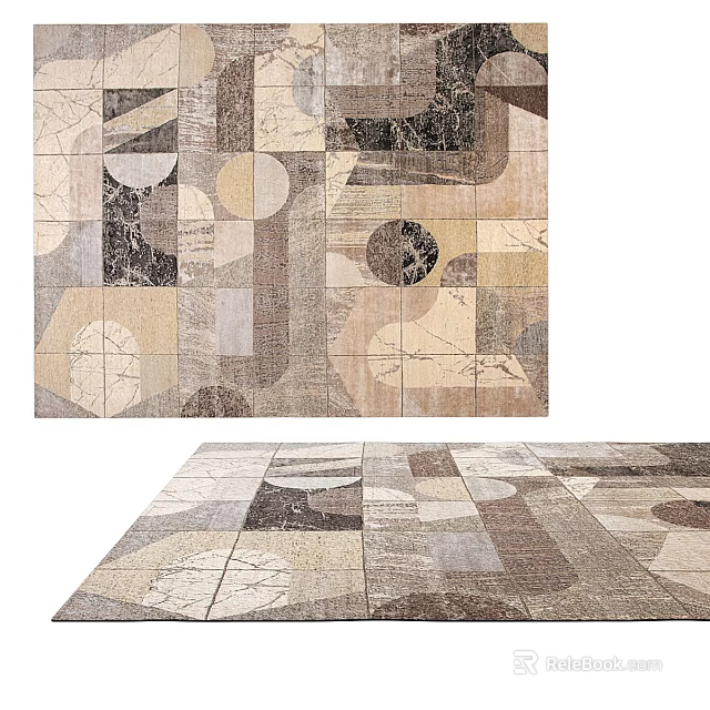 Stylish Square Rug With Geometric Patchwork Design Featuring Circular And Angular Patterns In Neutral Tones 3d model