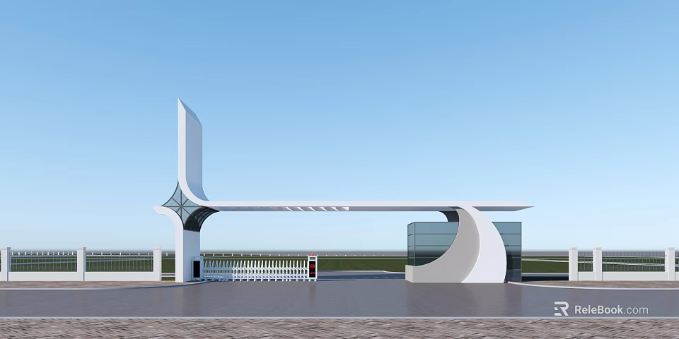 Modern Entrance Gate Design With White Geometric Structure Glass Panels Open Area And Blue Sky 3d model 