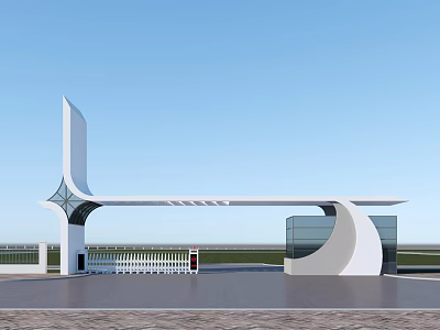 Modern Entrance Gate Design With White Geometric Structure Glass Panels Open Area And Blue Sky 3d model