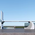 Modern Entrance Gate Design With White Geometric Structure Glass Panels Open Area And Blue Sky