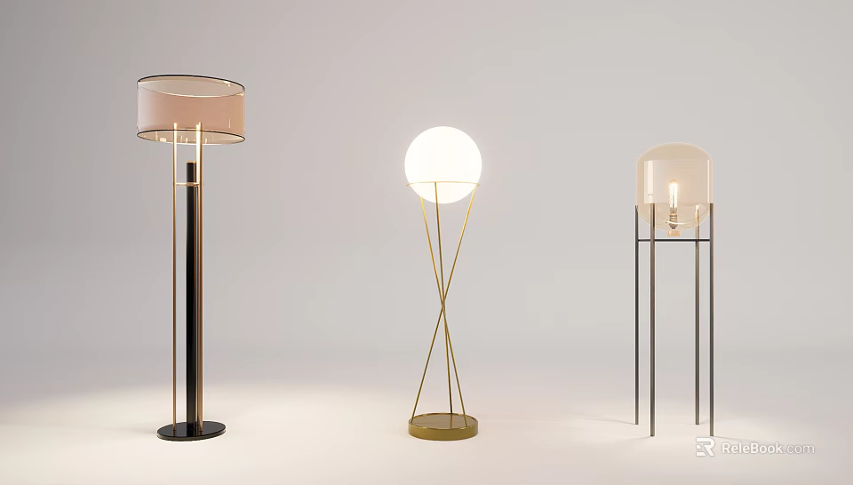 Contemporary Floor Lamps Featuring Varied Styles Black Gold Accents and Transparent Shades 3d model 