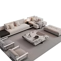 Modern Sofa Coffee Table Set With Comfortable Cushions Throw Blanket And Armchairs On Patterned Rug 3d model