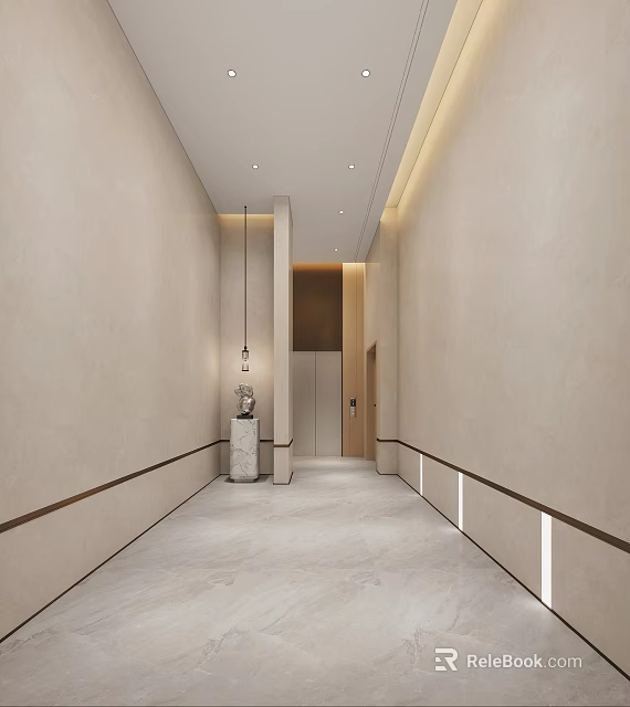 Modern Elevator Hallway Design With Beige Walls Marble Floor And Recessed Lighting 3d model 