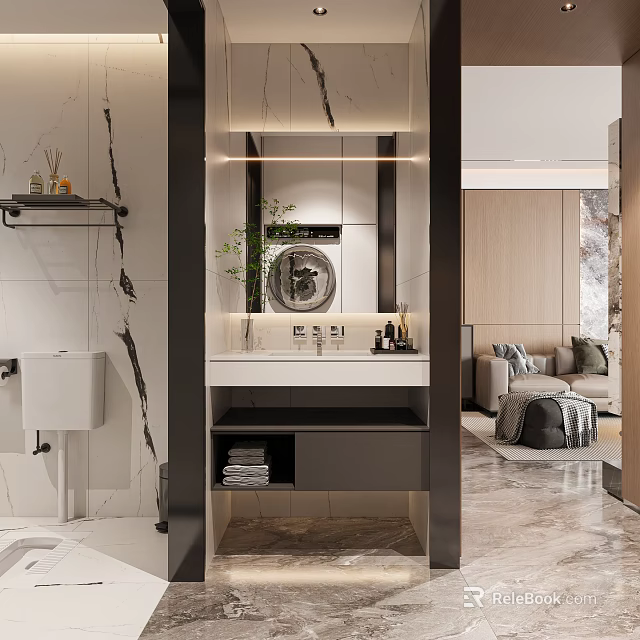 Elegant Modern Bathroom Interior Design With Marble Vanity Mirror Lighting And Greenery 3d model