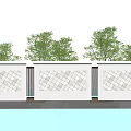 Modern Outdoor Feature Wall Design With Geometric Tile Pattern Water Reflection And Green Trees 3d model