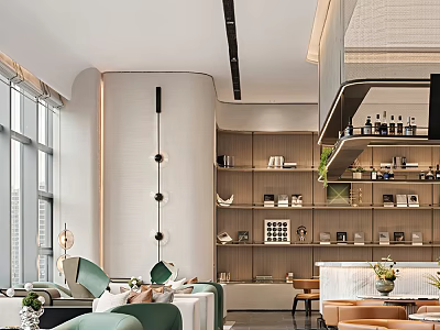 Modern Elegant Lounge With Sofa Green Plants Bookshelves Pendant Lights And Floor to Ceiling Windows 3d model