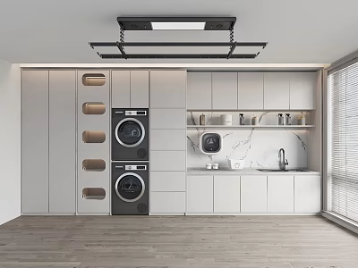Modern Home Balcony with White Cabinets Double Stack Washer Dryer Black Drying Rack Sink Blinds 3d model