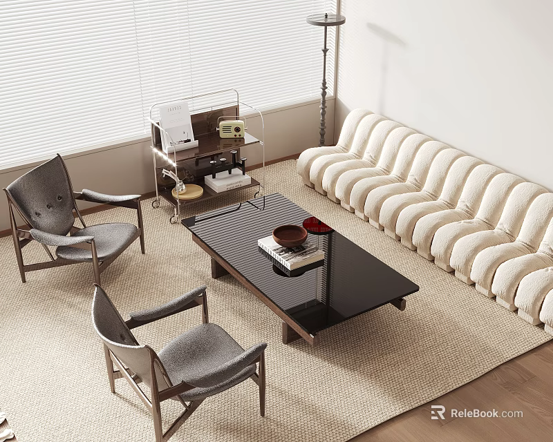 White Sectional Sofa with Two Gray Armchairs Black Coffee Table Area Rug And Floor Lamp 3d model 