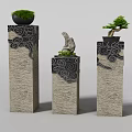 Decorative Pillars With Intricate Cloud Patterns And Top Potted Plants Bonsai And Stone Decor 3d model